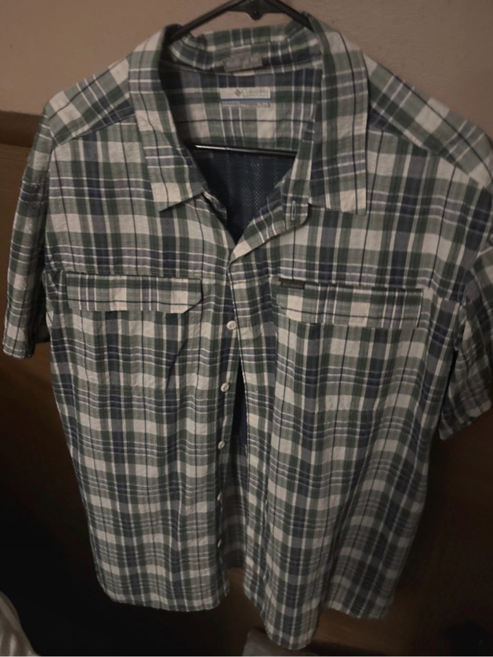 Columbia Green and White Plaid Short-Sleeve Button-Down Shirt